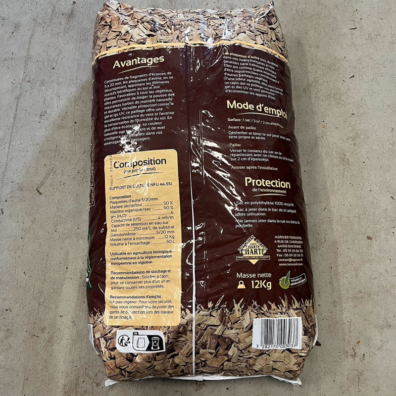 Arrière du sac de paillage - plaquettes d'Aulne 50 L - Bio - Tonusol - Promofleur